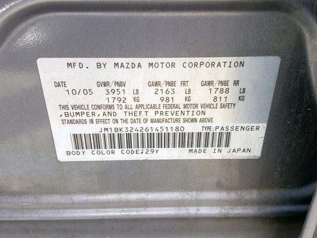 JM1BK324261451180 - 2006 MAZDA 3 S GRAY photo 10