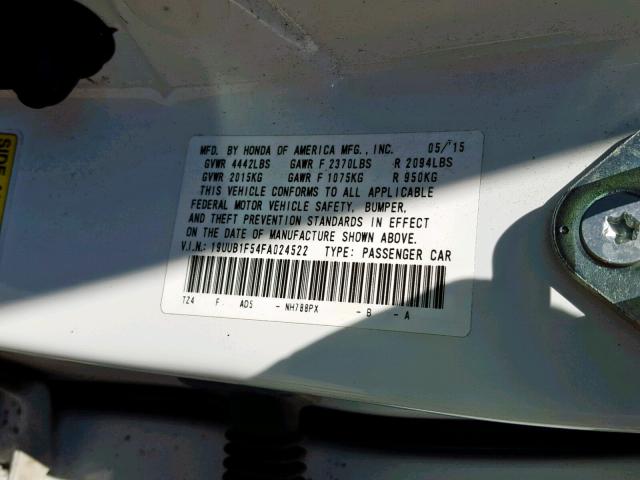 19UUB1F54FA024522 - 2015 ACURA TLX TECH WHITE photo 10