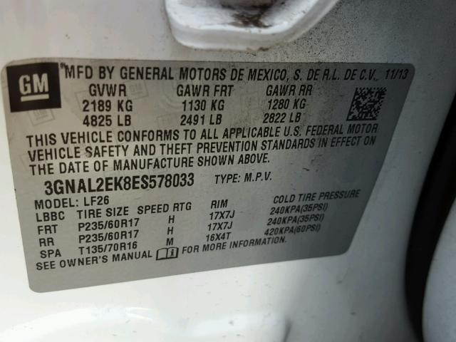 3GNAL2EK8ES578033 - 2014 CHEVROLET CAPTIVA LS 白色 照片 10