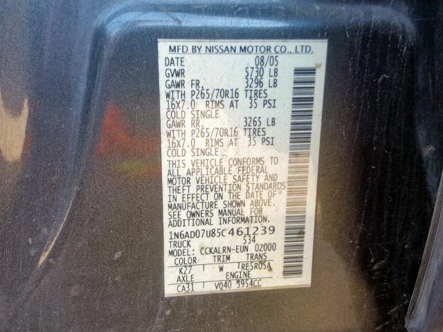 1N6AD07U85C461239 - 2005 NISSAN FRONTIER C GRAY photo 10