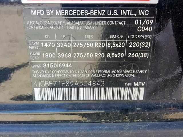 4JGBF71E89A504843 - 2009 MERCEDES-BENZ GL 450 4MA BLACK photo 10