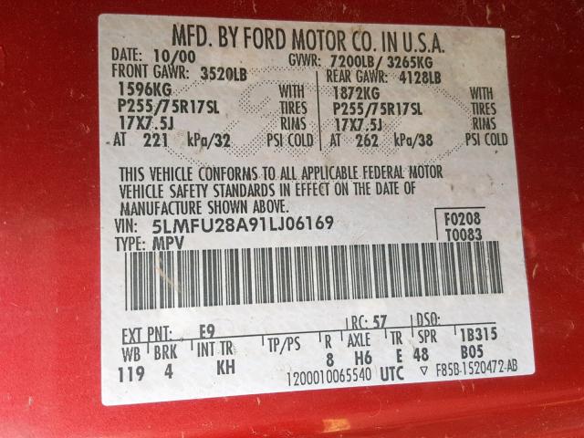 5LMFU28A91LJ06169 - 2001 LINCOLN NAVIGATOR 红色 照片 10