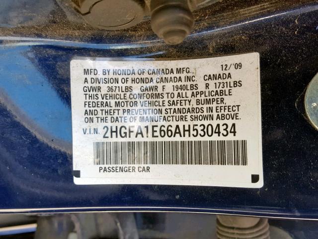 2HGFA1E66AH530434 - 2010 HONDA CIVIC LX-S Mavi foto 10