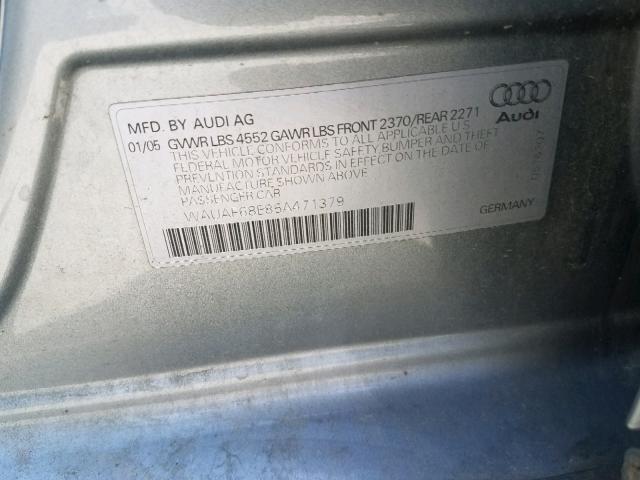 WAUAF68E85A471379 - 2005 AUDI A4 2.0T GRAY photo 10