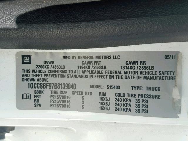 1GCCSBF97B8139040 - 2011 CHEVROLET COLORADO WHITE photo 10