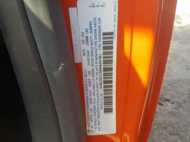 3VWCD21C92M424781 - 2002 VOLKSWAGEN NEW BEETLE ნარინჯისფერი ფოტო 10