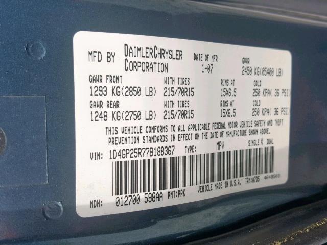 1D4GP25R77B188367 - 2007 DODGE CARAVAN SE GREEN photo 10