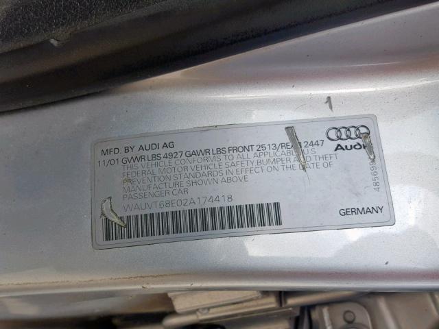 WAUVT68E02A174418 - 2002 AUDI A4 3.0 AVA SILVER photo 10