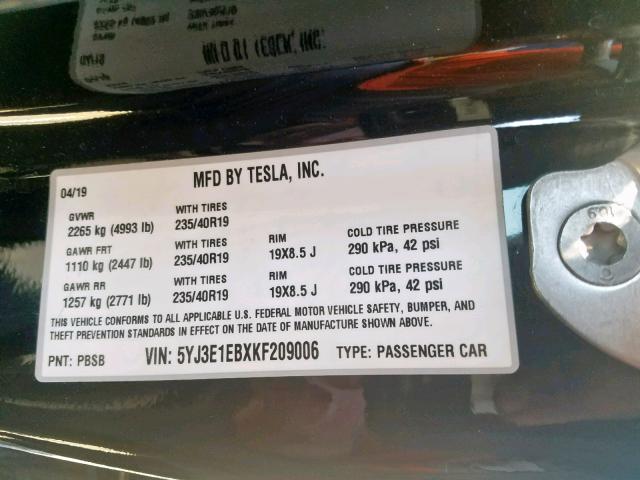 5YJ3E1EBXKF209006 - 2019 TESLA MODEL 3 BLACK photo 10