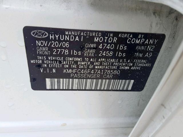 KMHFC46F47A178580 - 2007 HYUNDAI AZERA SE WHITE photo 10