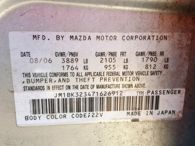 JM1BK323471626912 - 2007 MAZDA 3 S SILVER photo 10