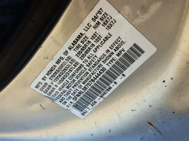 5FNRL38707B444430 - 2007 HONDA ODYSSEY EX SILVER photo 10