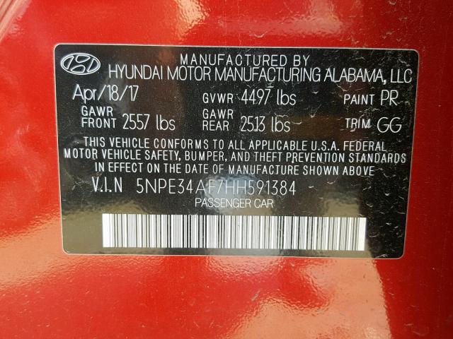 5NPE34AF7HH591384 - 2017 HYUNDAI SONATA SPO RED photo 10