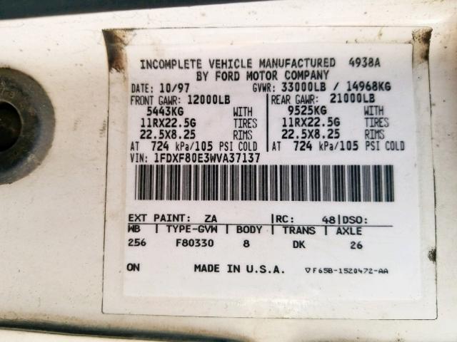 1FDXF80E3WVA37137 - 1998 FORD F800 WHITE photo 10