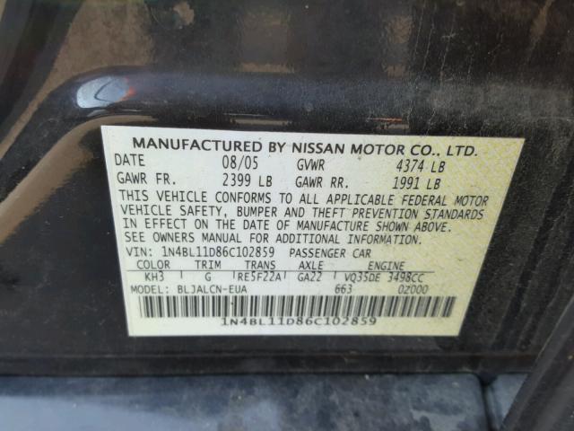 1N4BL11D86C102859 - 2006 NISSAN ALTIMA SE BLACK photo 10