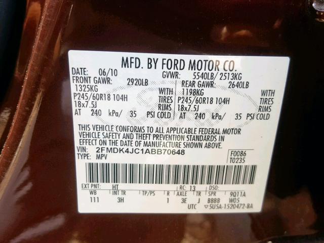 2FMDK4JC1ABB70648 - 2010 FORD EDGE SEL MAROON photo 10