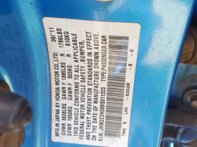 JHMZE2H58BS011323 - 2011 HONDA INSIGHT LX BLUE photo 10