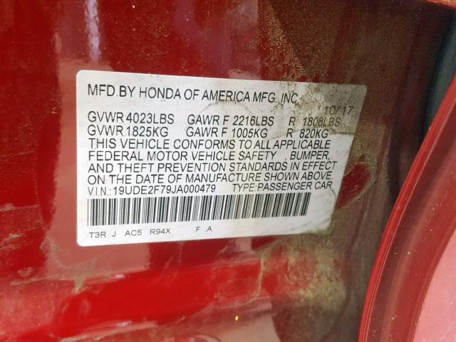 19UDE2F79JA000479 - 2018 ACURA ILX PREMIU RED photo 10