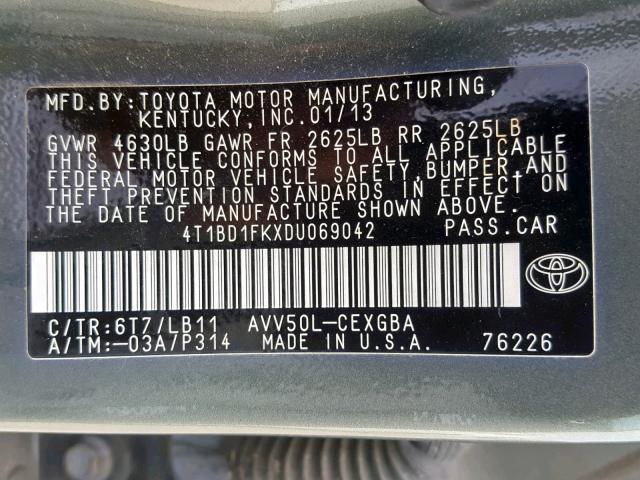 4T1BD1FKXDU069042 - 2013 TOYOTA CAMRY HYBR GREEN photo 10