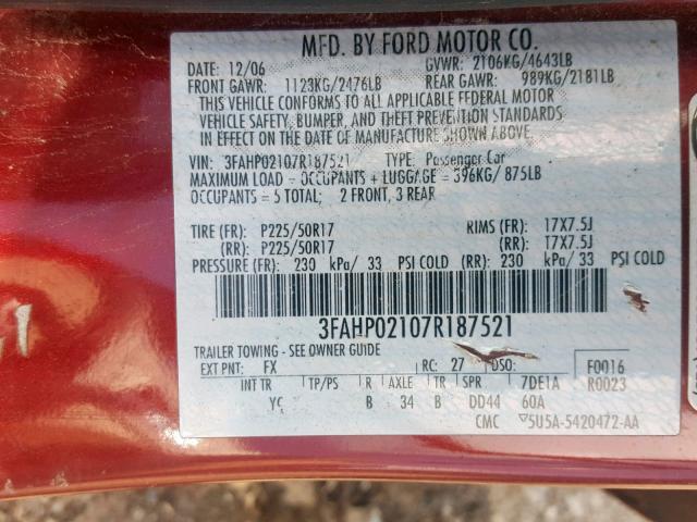 3FAHP02107R187521 - 2007 FORD FUSION SEL RED photo 10