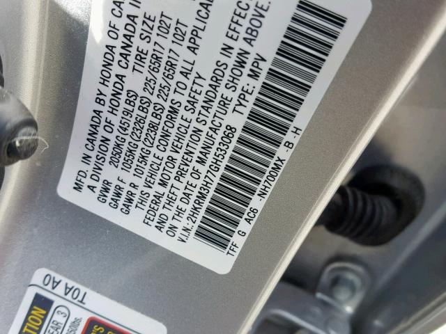 2HKRM3H77GH533068 - 2016 HONDA CR-V EXL SILVER photo 10