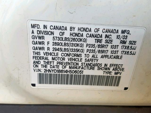 2HNYD18614H506051 - 2004 ACURA MDX TOURIN WHITE photo 10