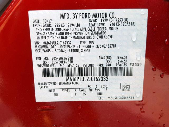 MAJ6P1UL2JC162332 - 2018 FORD ECOSPORT S RED photo 10