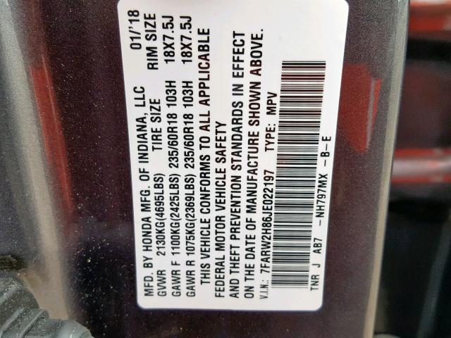 7FARW2H86JE022197 - 2018 HONDA CR-V EXL GRAY photo 10