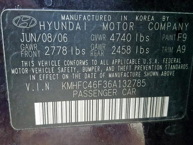 KMHFC46F36A132785 - 2006 HYUNDAI AZERA SE BLACK photo 10