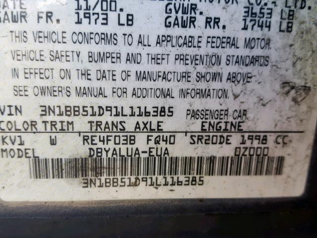 3N1BB51D91L116385 - 2001 NISSAN SENTRA SE GRAY photo 10