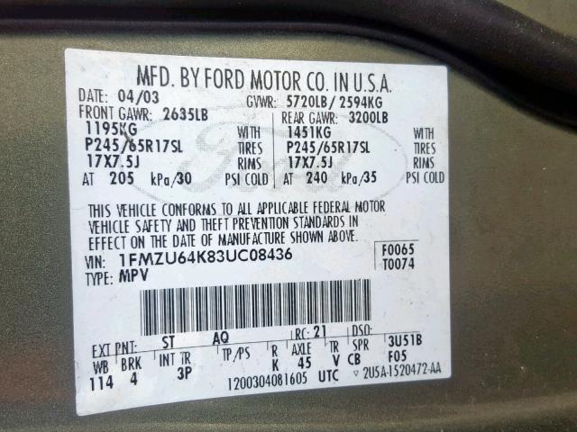 1FMZU64K83UC08436 - 2003 FORD EXPLORER E GREEN photo 10