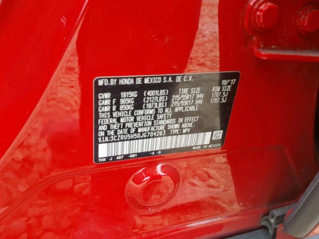 3CZRU5H50JG704263 - 2018 HONDA HR-V EX RED photo 10