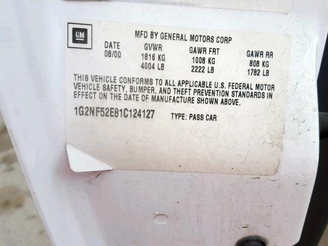 1G2NF52E81C124127 - 2001 PONTIAC GRAND AM S WHITE photo 10