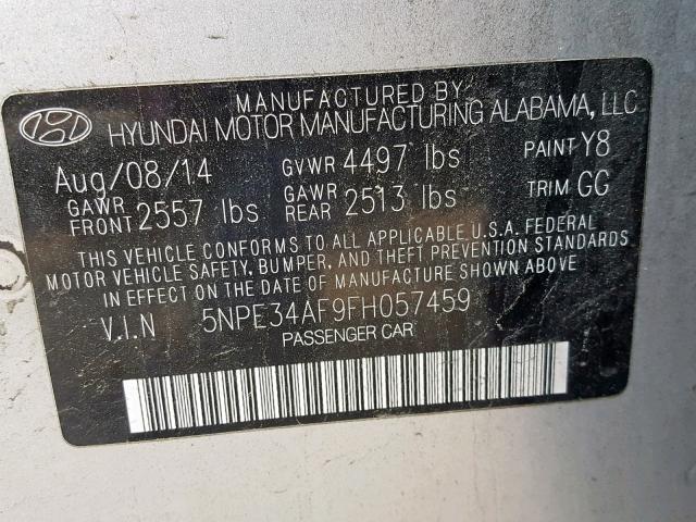 5NPE34AF9FH057459 - 2015 HYUNDAI SONATA SPO SILVER photo 10