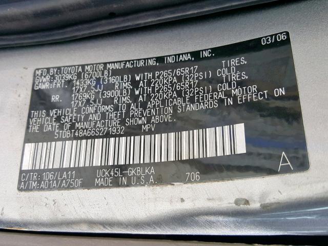 5TDBT48A66S271932 - 2006 TOYOTA SEQUOIA LI SILVER photo 10