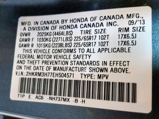 2HKRM3H77EH504571 - 2014 HONDA CR-V EXL SILVER photo 10