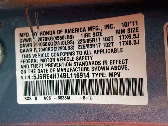 5J6RE4H74BL116914 - 2011 HONDA CR-V EXL BLUE photo 10