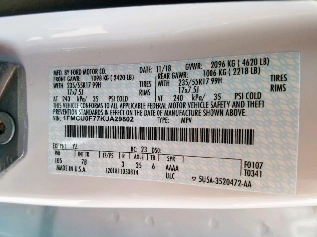 1FMCU0F77KUA29802 - 2019 FORD ESCAPE S WHITE photo 10