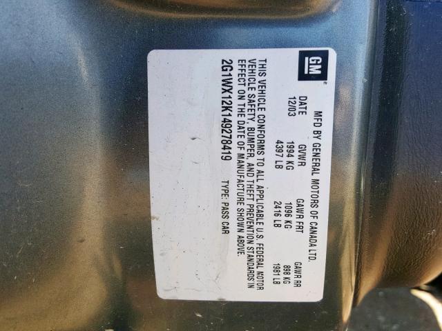 2G1WX12K149278419 - 2004 CHEVROLET MONTE CARL 灰色 照片 10