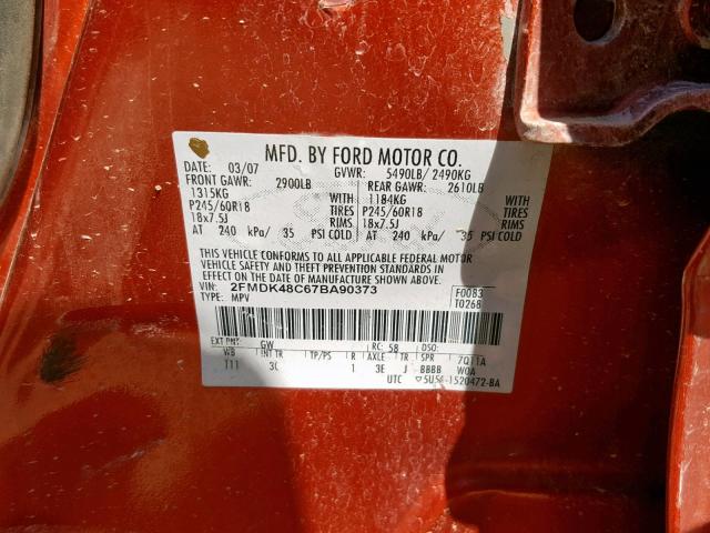 2FMDK48C67BA90373 - 2007 FORD EDGE SEL ORANGE photo 10