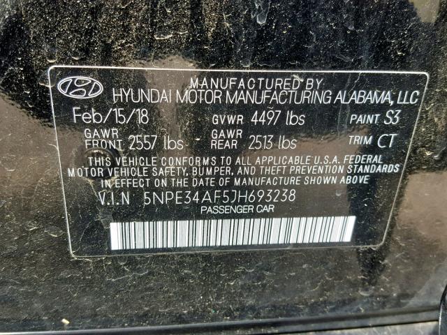 5NPE34AF5JH693238 - 2018 HYUNDAI SONATA SPO BLACK photo 10