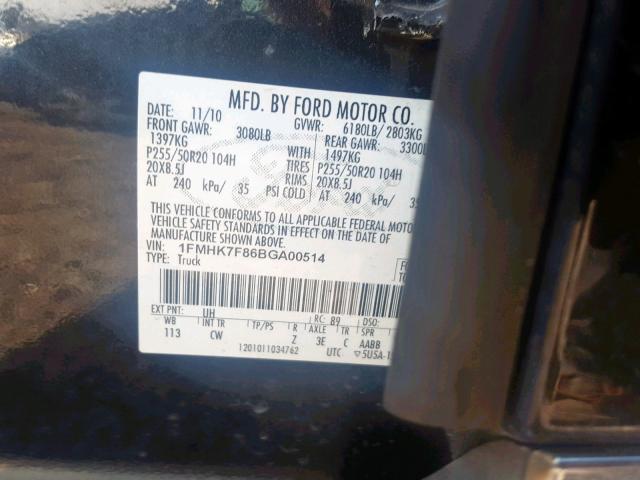 1FMHK7F86BGA00514 - 2011 FORD EXPLORER L BLACK photo 10