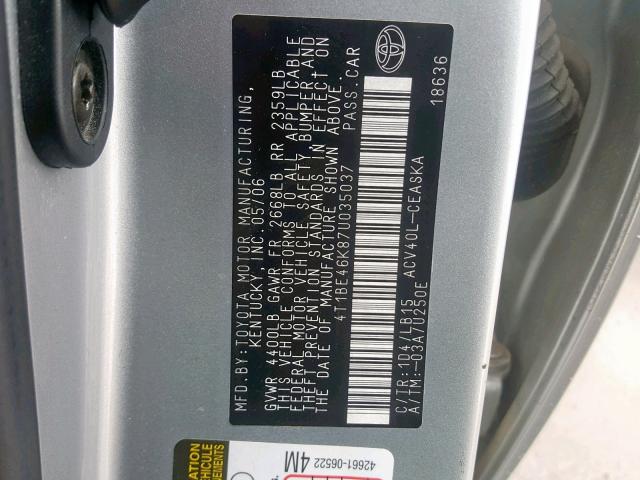 4T1BE46K87U035037 - 2007 TOYOTA CAMRY NEW SILVER photo 10