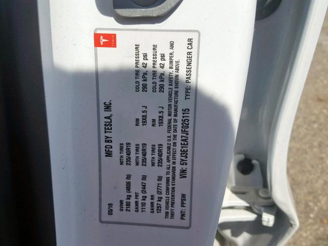 5YJ3E1EA7JF025115 - 2018 TESLA MODEL 3 WHITE photo 10