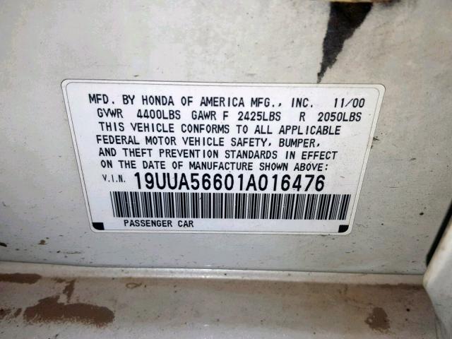 19UUA56601A016476 - 2001 ACURA 3.2TL WHITE photo 10