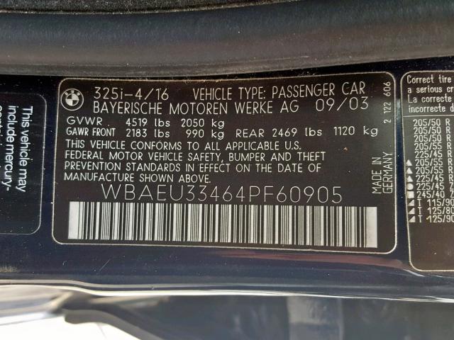 WBAEU33464PF60905 - 2004 BMW 325 XI BLUE photo 10