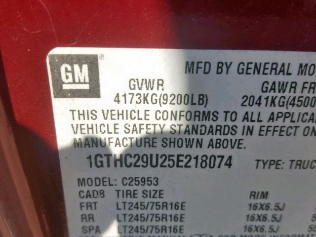 1GTHC29U25E218074 - 2005 GMC SIERRA C25 BURGUNDY photo 10