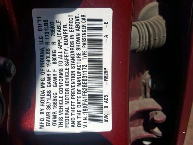 19XFA1F62BE031172 - 2011 HONDA CIVIC LX-S RED photo 10