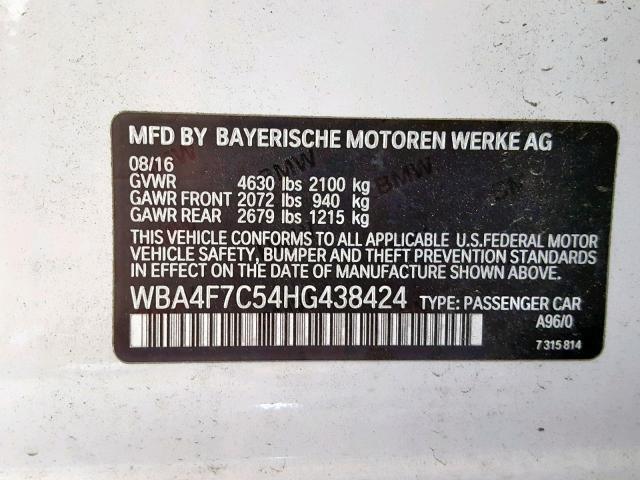 WBA4F7C54HG438424 - 2017 BMW 430I GRAN WHITE photo 10