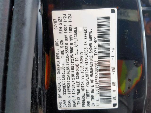 5J8TB18598A000583 - 2008 ACURA RDX TECHNO BLACK photo 10